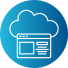 Circular blue line-art icon of a person at a desktop computer with a settings gear and speech bubble, representing centralised administration and control.