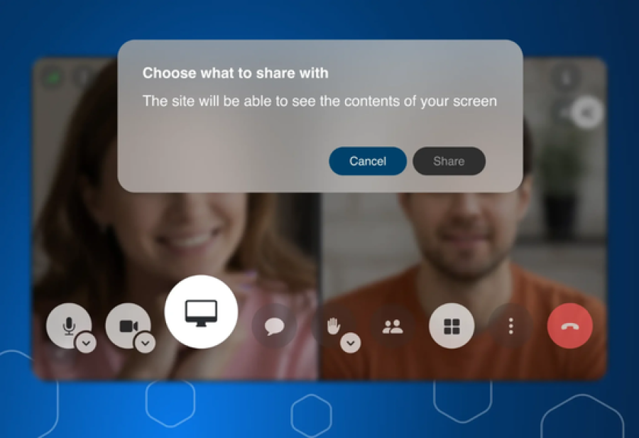 The Kite screen sharing prompt, showing a browser permission dialogue asking a user to confirm what they would like to share during a live call.