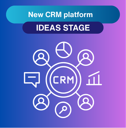 White CRM icon with circles with a spanner, chatbot and people on a blue and purple background. 