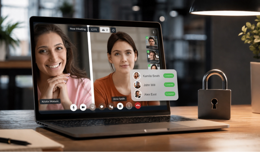 Laptop screen showing a secure Wildix video conference with two participants and a connected-users panel, next to a padlock symbolising encrypted communication." If you want it trimmed further for a strict character limit (many CMS fields cap around 125 characters), here's a shorter version: "Laptop displaying a secure Wildix video call, with a padlock symbolising encryption.