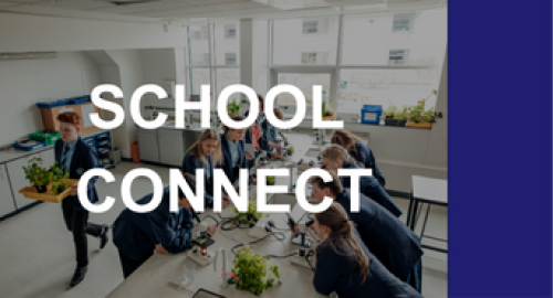 Photo of a secondary school classroom with kids and a blue rectangle