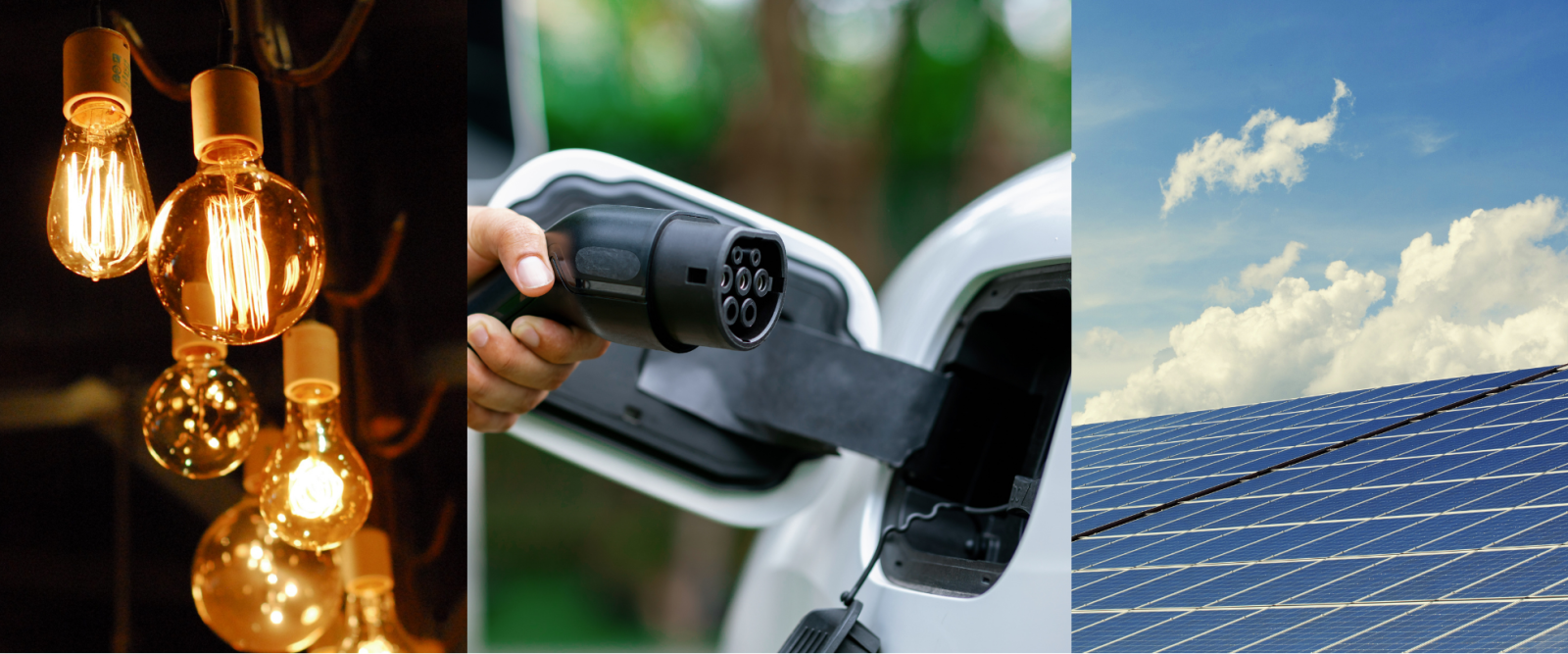 Lightbulbs, solar panel and EV charger collage