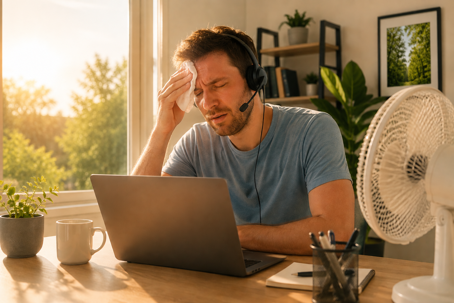 A man working from home at a desk on a warm day, wearing a wired headset and wiping his forehead with a cloth, with a laptop, a mug, and a desk fan visible on the desk.