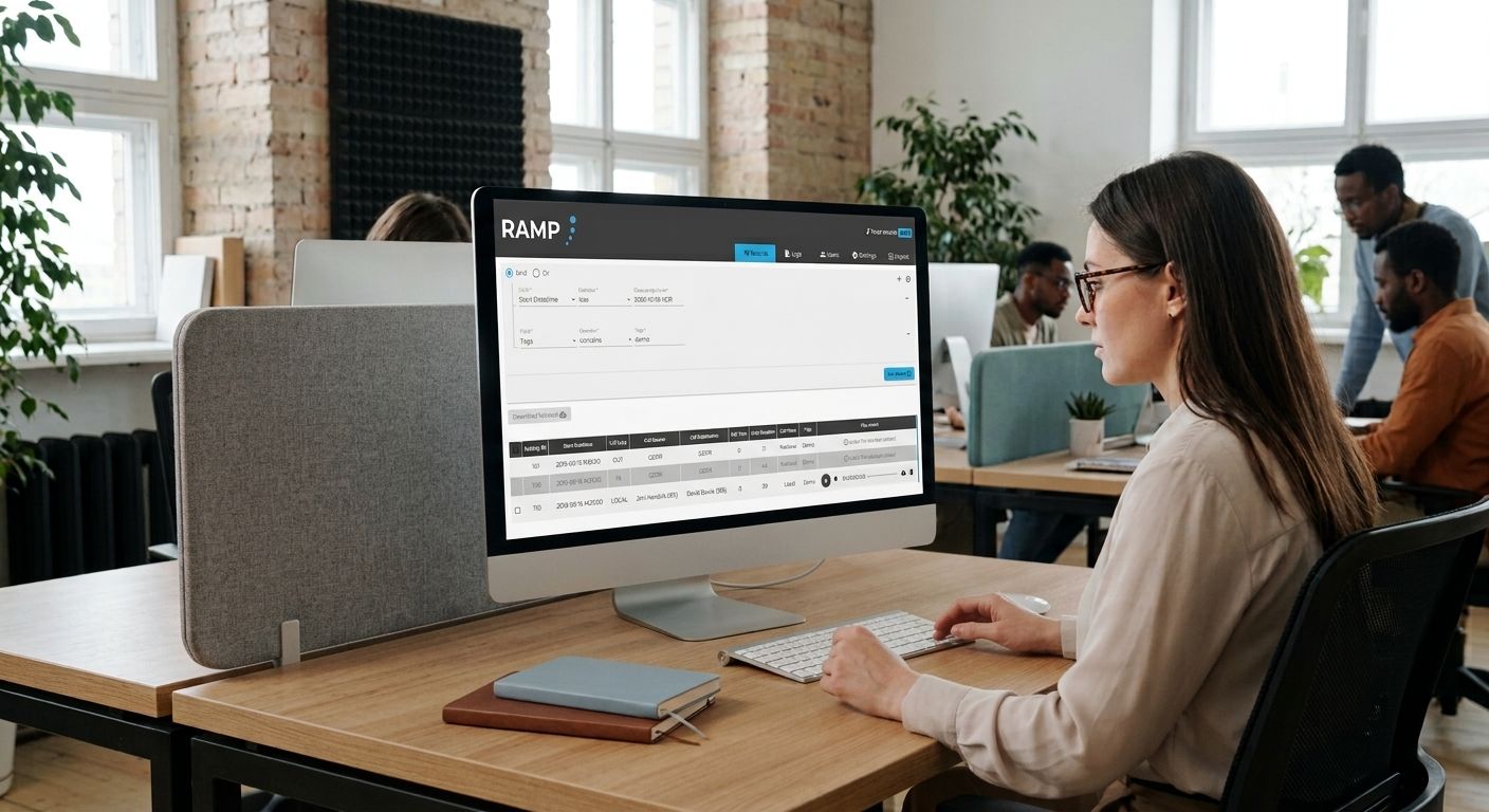 A professional, modern office setting showing a female compliance manager working at a wooden desk. She is looking at a large desktop monitor which clearly displays the RAMP software interface, featuring a clean search layout, record tables, and audit logs. The desk is organized with a keyboard, mouse, and notebooks. In the background, other colleagues are working at their desks in a bright, open-plan workspace with large windows and brick accent walls. All floating graphics, text overlays, and tablets have been removed for a clean, natural photo look.