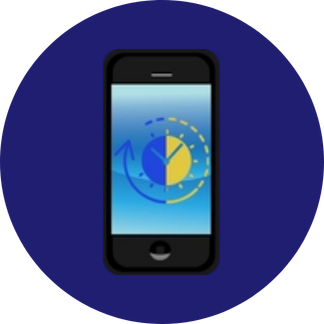 Black mobile phone with a blue screen and a blue and yellow clock.