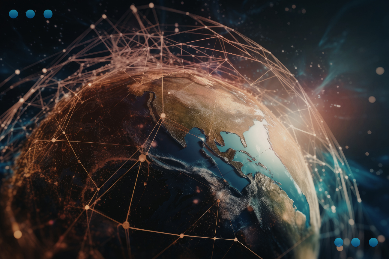 A digital, conceptual illustration of planet Earth as seen from space, enveloped in a complex, glowing network of interconnected lines and nodes, symbolizing global connectivity and technology.