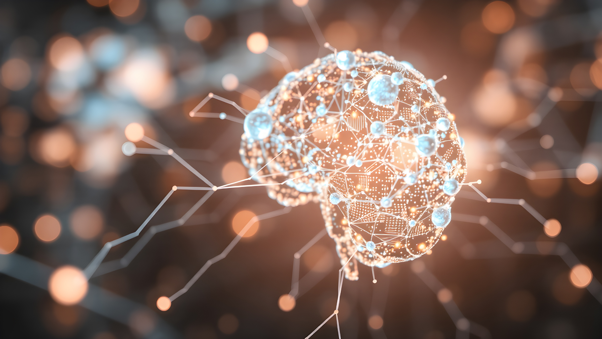 Lines that look like lights and connections shaped like a brain to depict AI 