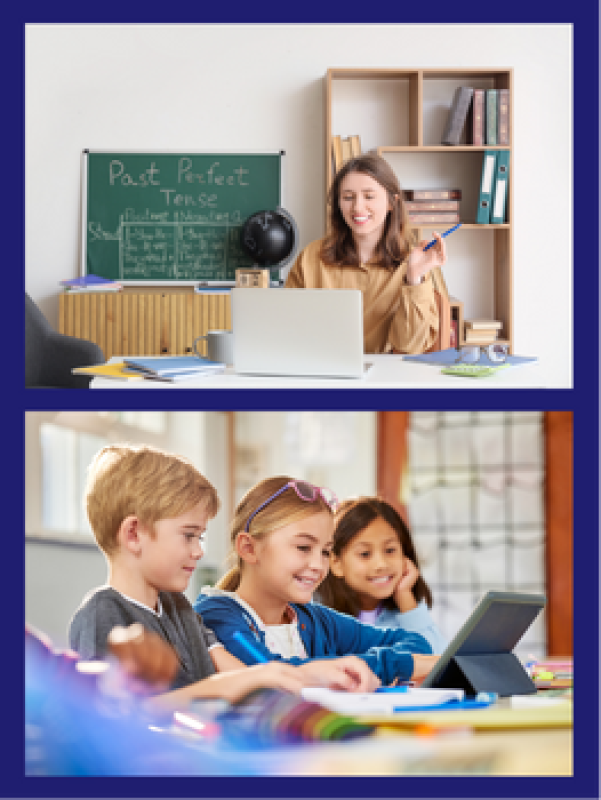 Teacher using a laptop and three young students using a tablet.
