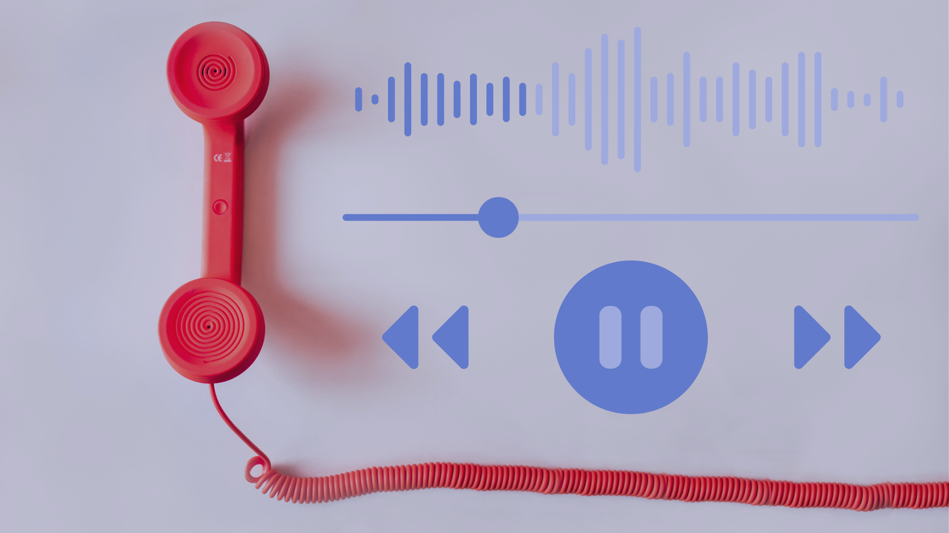 A vintage red telephone receiver next to a digital audio waveform and media playback icons, illustrating business call recording and cloud telephony features.
