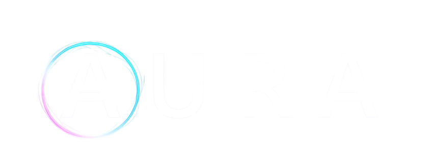 White letters saying Aura and a blue circle around the A.