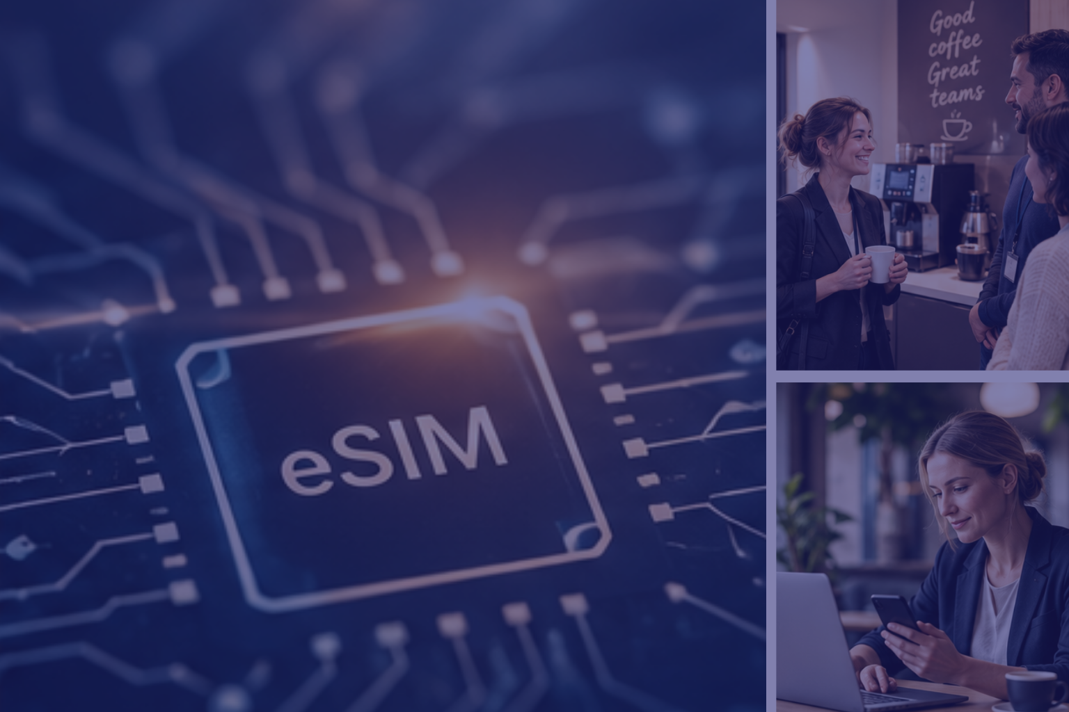 Collage showing an eSIM microchip on a circuit board alongside office workers using laptops and smartphones, illustrating modern digital connectivity, mobile activation and eSIM technology in workplace environments.