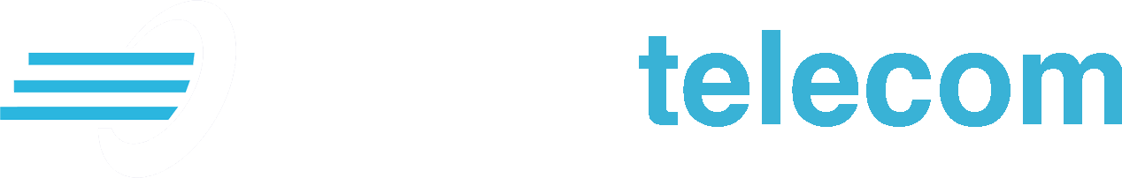 Evoke Telecom company logo with a white Evoke wording and light blue telecom word. 