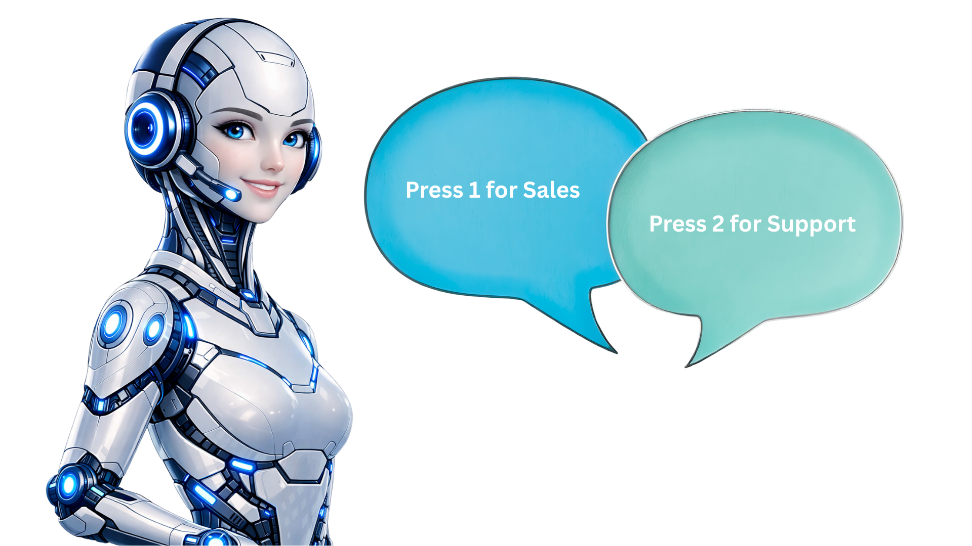 A white and black robot with two speech bubbles saying press 1 for sales and press 2 for support to show voicebot capabilities