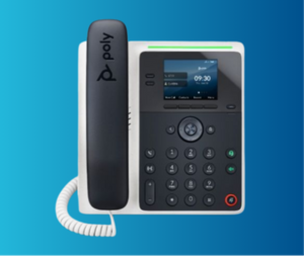 Poly Edge E100 VoIP/SIP Phone photo on a b;ue background
