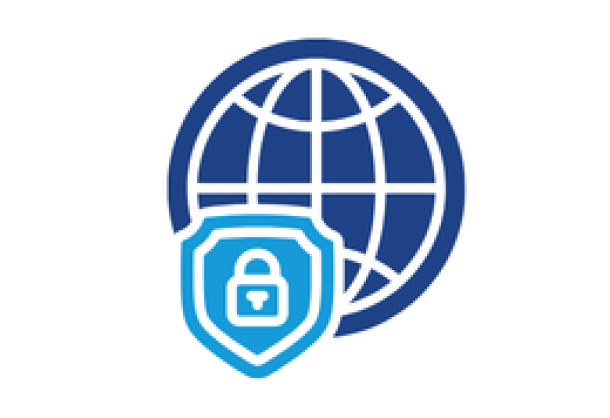 Dark blue world icon and a light blue padlock to show security. 