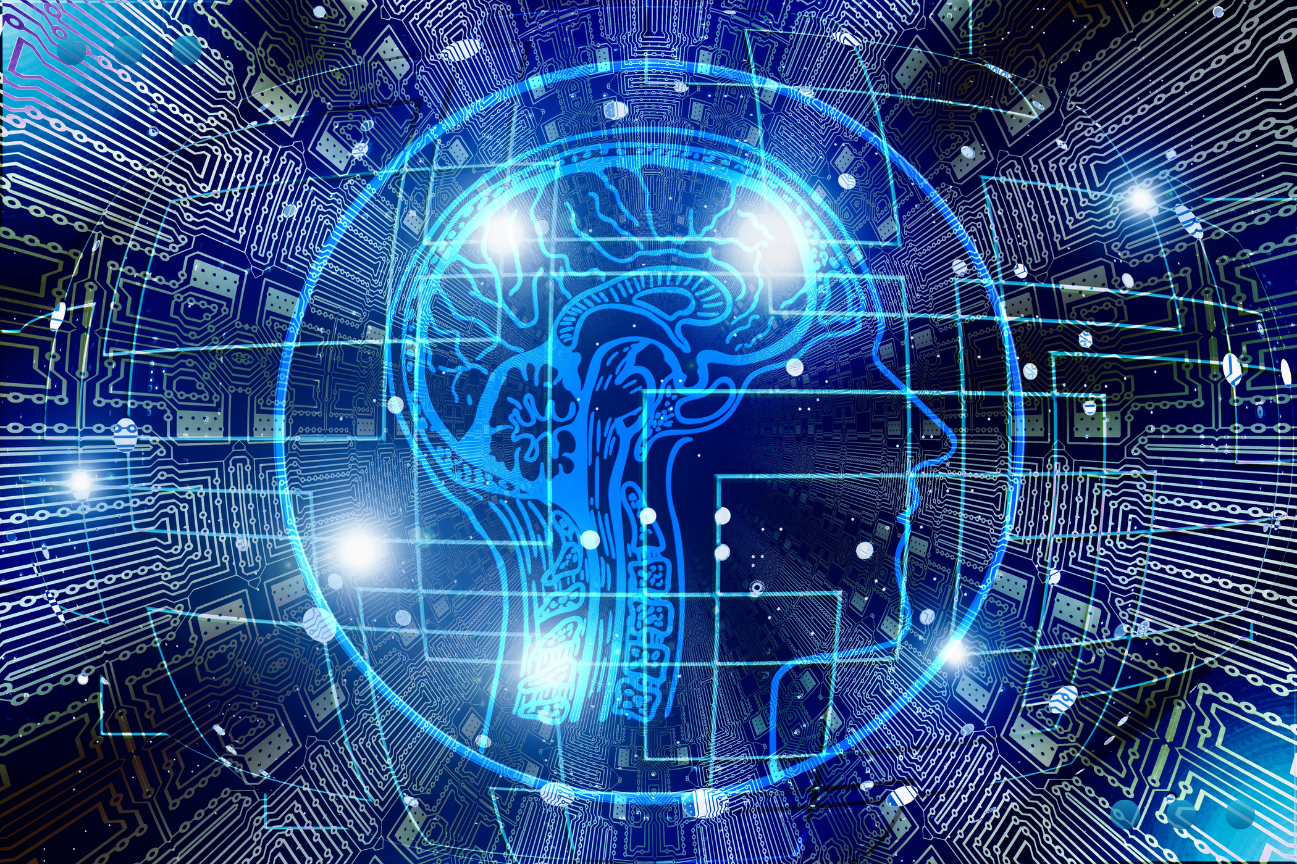 Futuristic digital graphic of a human brain made of glowing blue circuit board patterns
