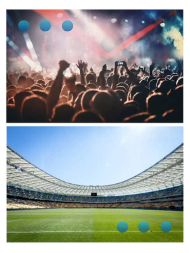 A composite image featuring two large-scale event settings: the top half shows an energetic concert crowd with silhouettes of people raising their arms under bright stage lights, and the bottom half shows an empty, modern sports stadium with a green pitch and an architectural canopy roof under a clear blue sky.
