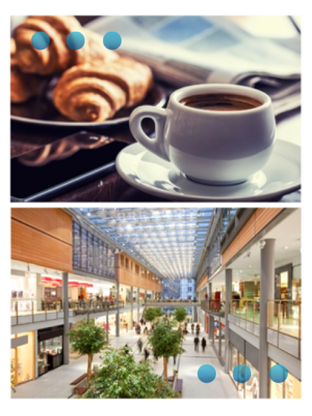 A composite image split into two sections. The top half shows a close-up, high-angle shot of a morning scene featuring a cup of black coffee, a plate of croissants, and a smartphone on a table. The bottom half depicts the interior of a modern, multi-level shopping mall with a bright, glass-paneled ceiling, walkways, storefronts, and small trees in the central atrium area.
