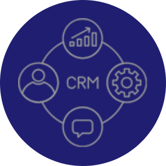 Light grey circle of icons with CRM in the middle. 
