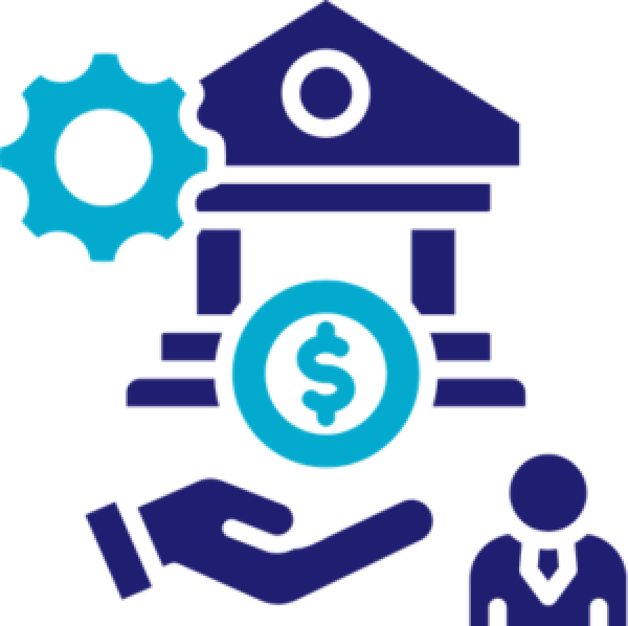 A blue and navy blue icon featuring two people sitting at a desk engaged in a meeting. Above them is a speech bubble and a lightbulb, symbolising the exchange of ideas and professional advice.