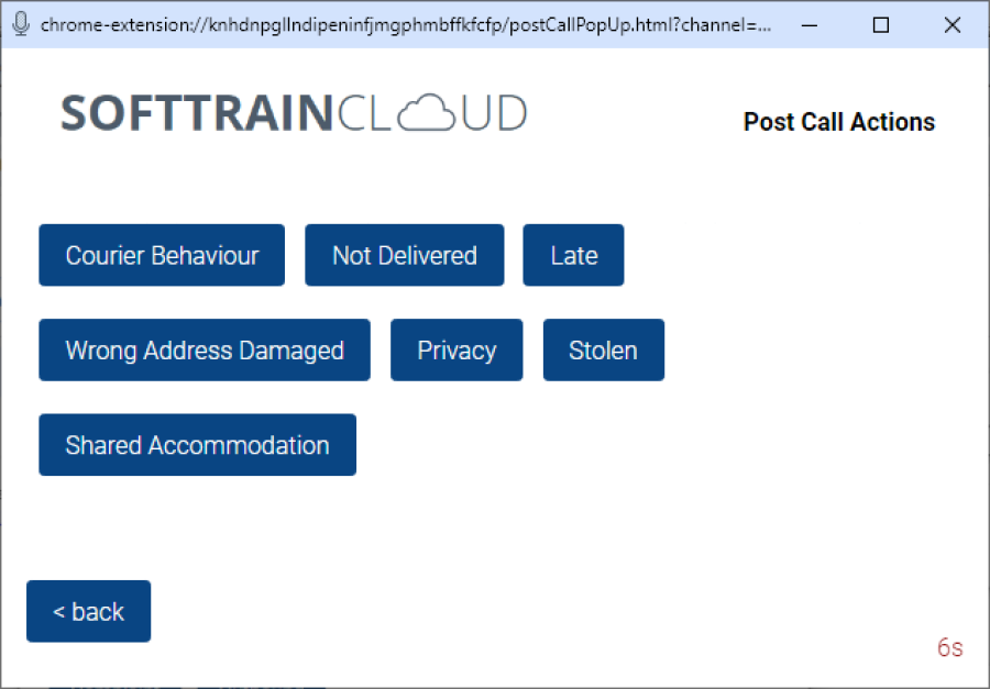 SoftTrain Cloud and Wildix Post Call Actions secondary reason selection screenshot