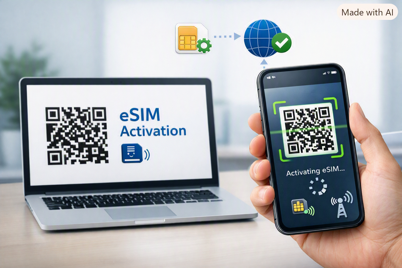 Hand holding a smartphone scanning an eSIM activation QR code displayed on a laptop screen.