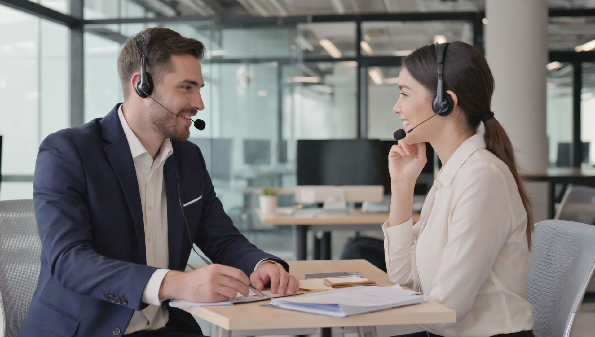 Frames-A-white-Man-and-women,-middle-aged-working-in-office-with-headset-smiling