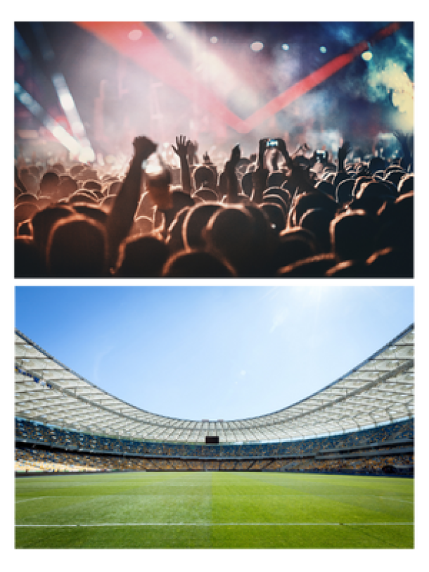 Music concert with strobe lights and an empty sports stadium
