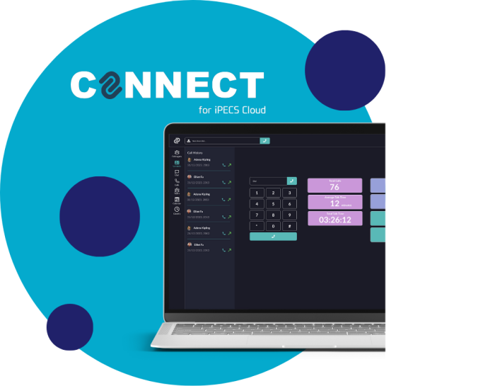 blue circles and a graphic of a laptop