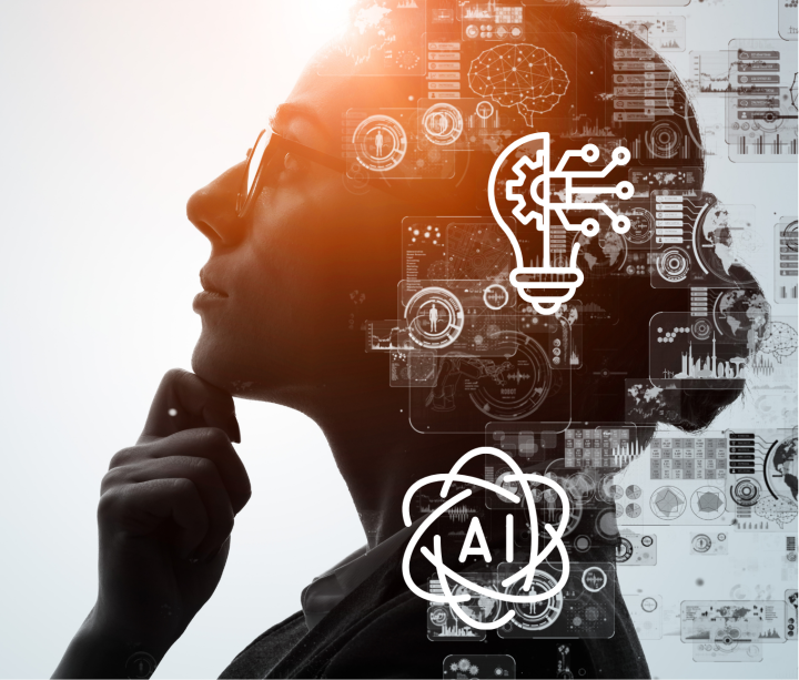 A silhouette of a woman in deep thought, overlaid with futuristic digital graphics and artificial intelligence icons.