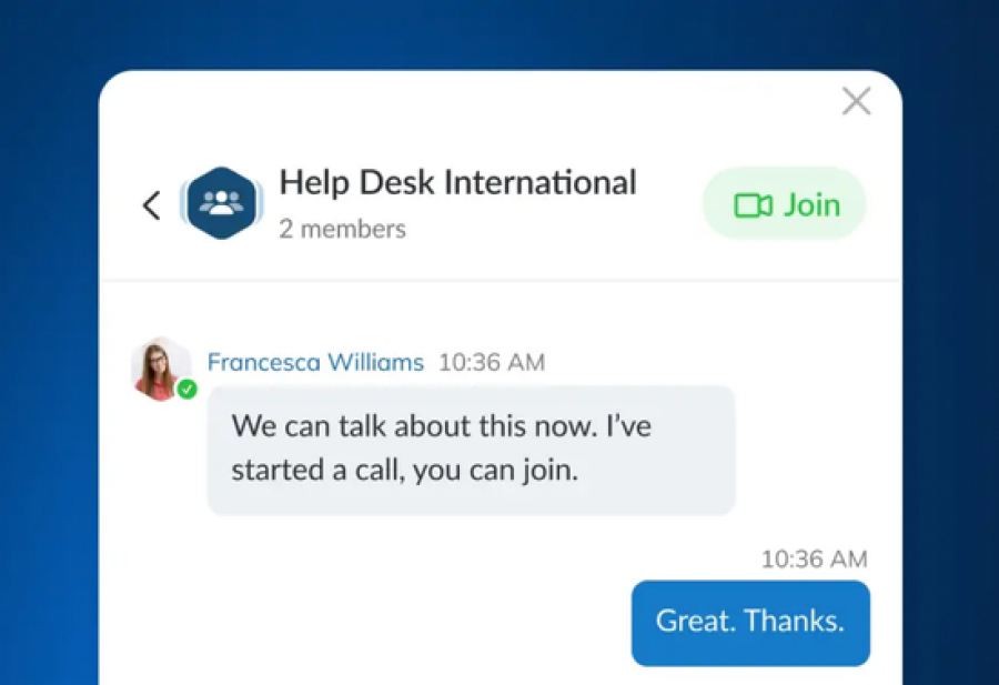 A Kite chat conversation showing a team member inviting a website visitor to join a live video call directly in the browser.