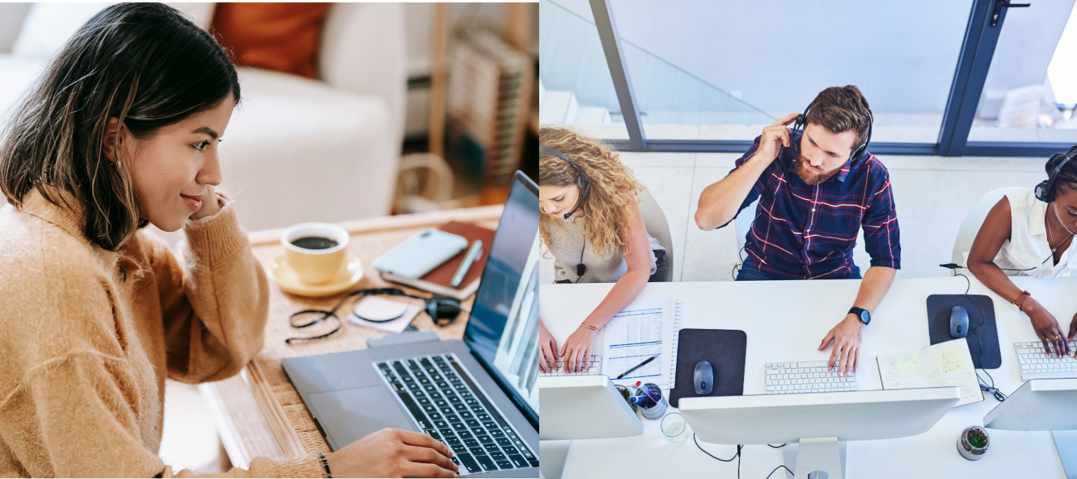UCaaS vs CCaaS contact centre and remote worker photos side by side