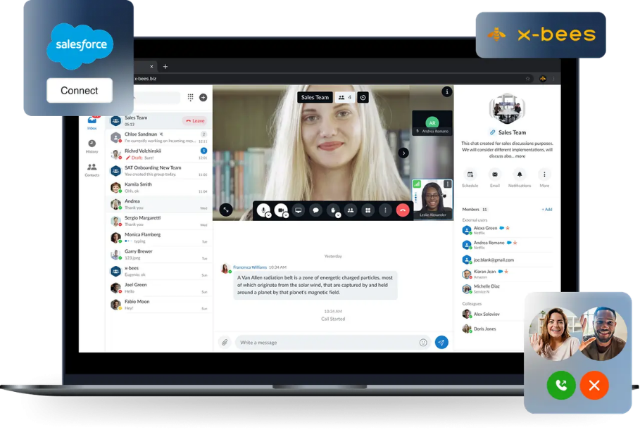 A laptop screen displaying the x-bees communication interface. It shows a live video call with a sales team, a sidebar with contact lists, and a central chat window. Superimposed icons show a Salesforce "Connect" button in the top left and an x-bees logo in the top right. In the bottom right corner, a small pop-up shows an incoming call with two team members waving.