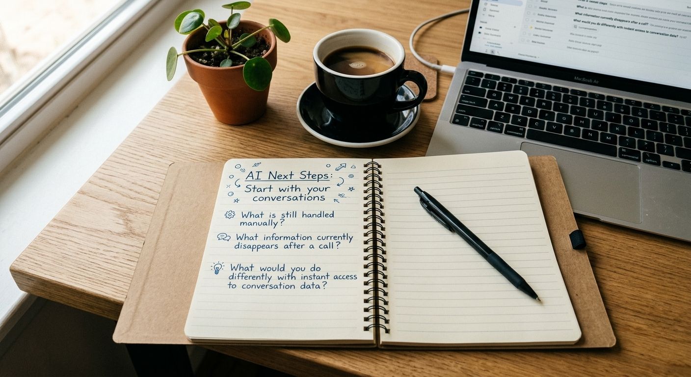 Desk workspace featuring a coffee cup, pen, laptop, and an open notebook displaying "AI Next Steps: Start with your conversations" alongside three questions about call information, manual tasks, and conversation data.