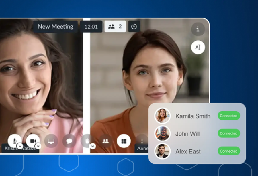 A Kite video call in progress showing two participants on screen, with a connected participants panel listing three team members.