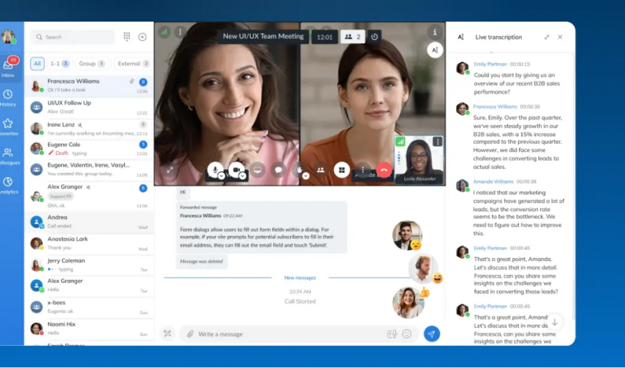 The Wildix interface showing a video meeting with two participants, an active chat panel and a live transcription sidebar