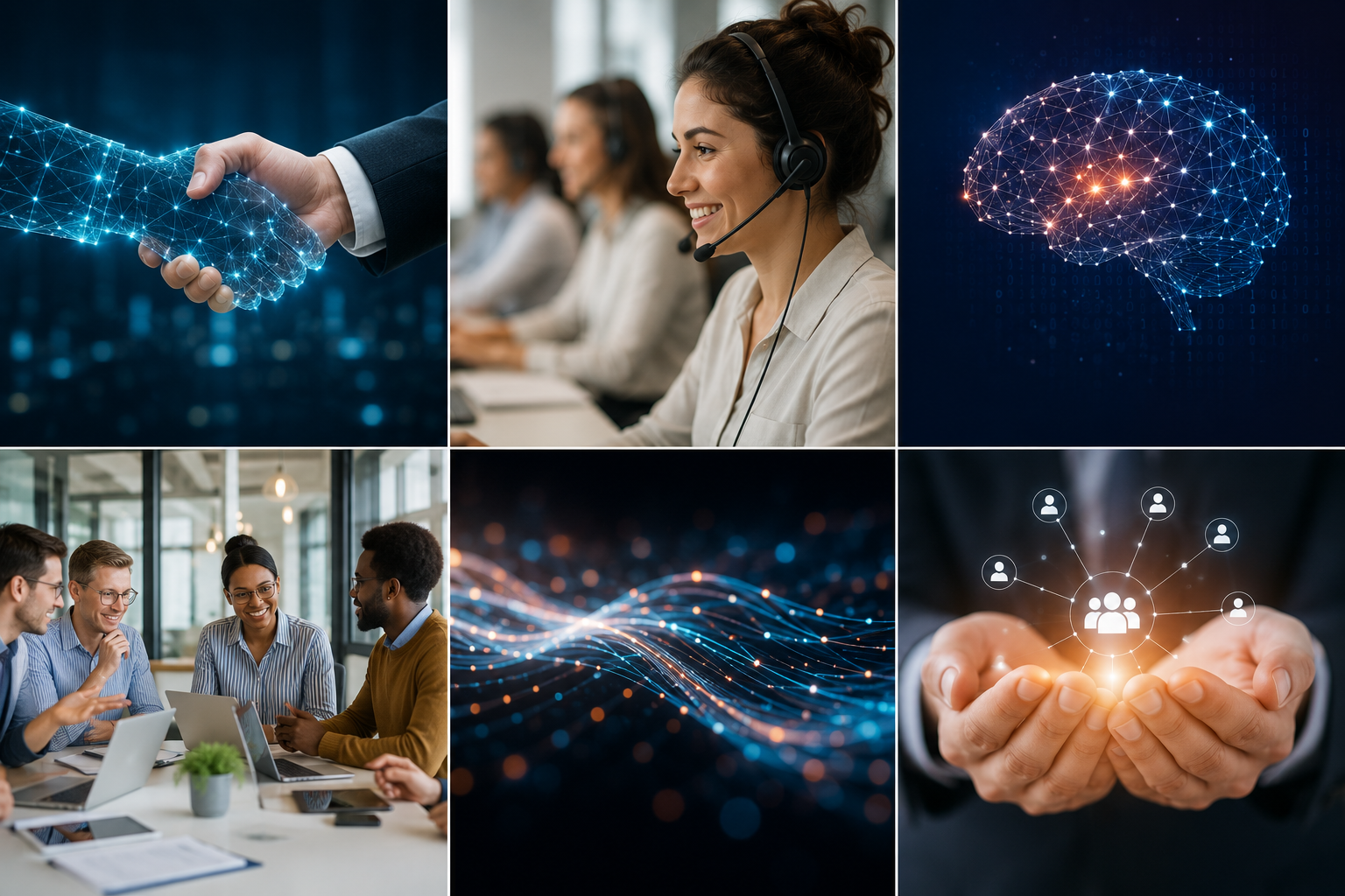 Collage showcasing AI in business communications, featuring customer service representatives, artificial intelligence neural networks, and collaborative team environments.
