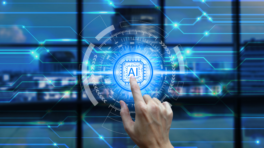 Artificial intelligence graphic being touched by a human hand