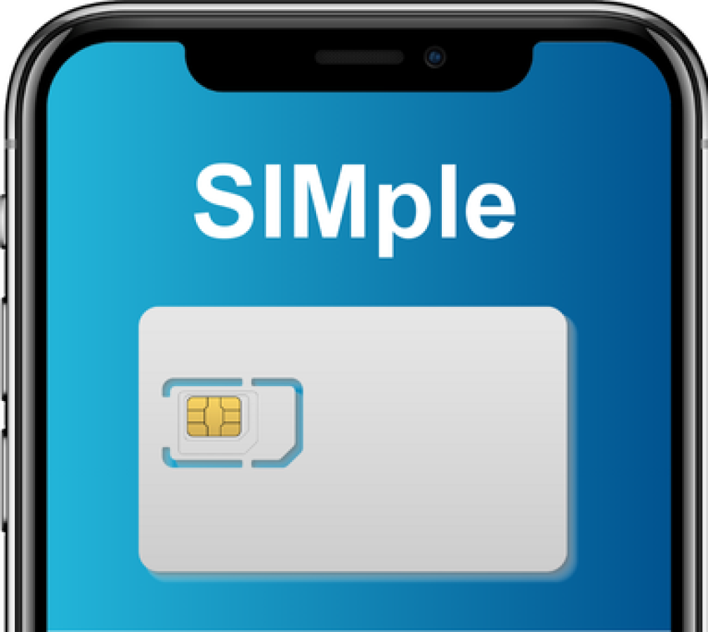 mobile phone outline, blue screen background and a white simcard