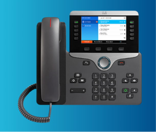 Photo of the Cisco IP Phone 8841 phone on a blue gradient blue background