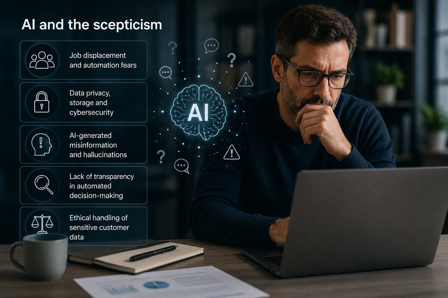 Businessman at laptop with overlay listing key AI risks — job displacement, privacy, misinformation, transparency, and data ethics"
