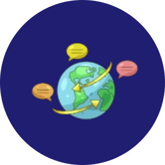 Graphic of earth with two gold arrows and three speech bubbles.