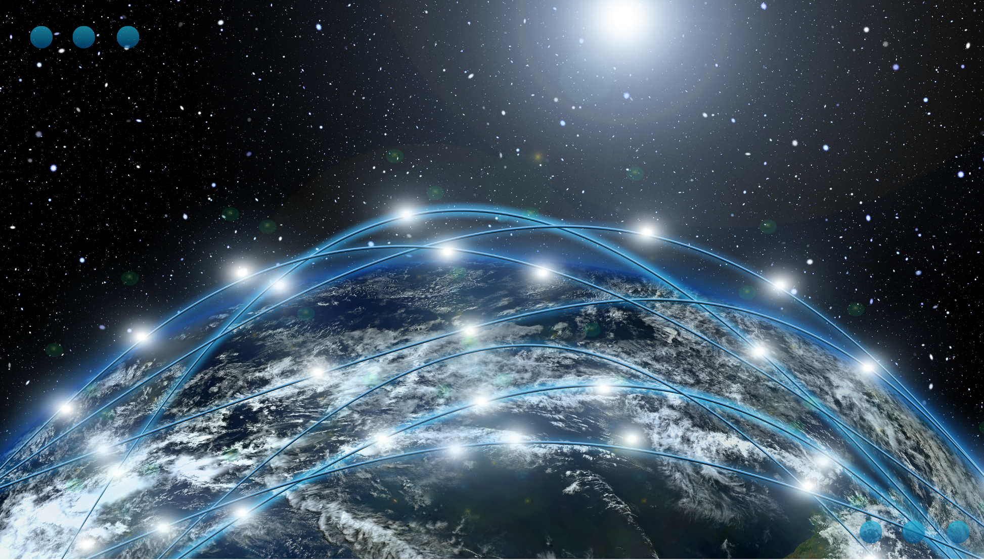 A digital illustration of Earth viewed from space, encircled by glowing blue lines that form a global network. The background is a dark, starry sky with a bright, luminous light source at the top.