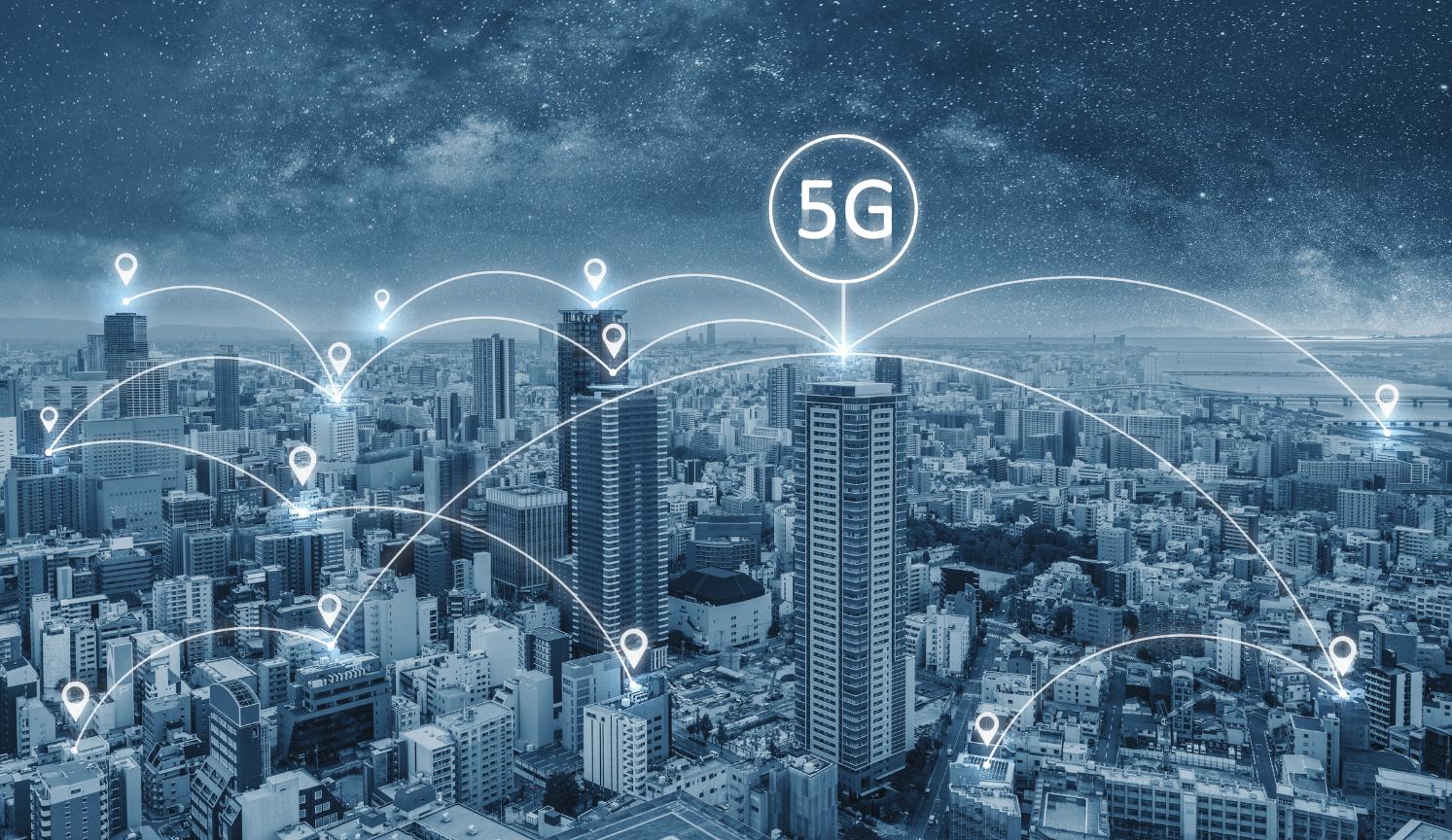 5G letters with lights connecting buildings