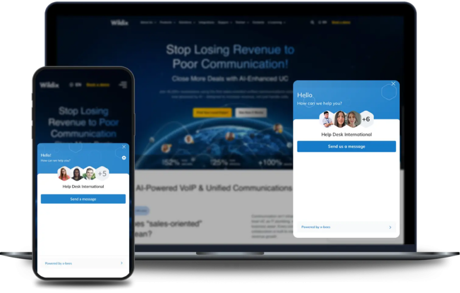 Wildix Kite WebRTC website chat widget displayed on desktop and mobile, enabling live chat, messaging, and real-time customer communication directly from a business website