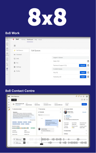 8x8 white logo and screenshot of contact centre and work dashboard