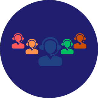 Red, orange, blue, green and yellow person with headset icons.