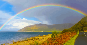A rainbow over water