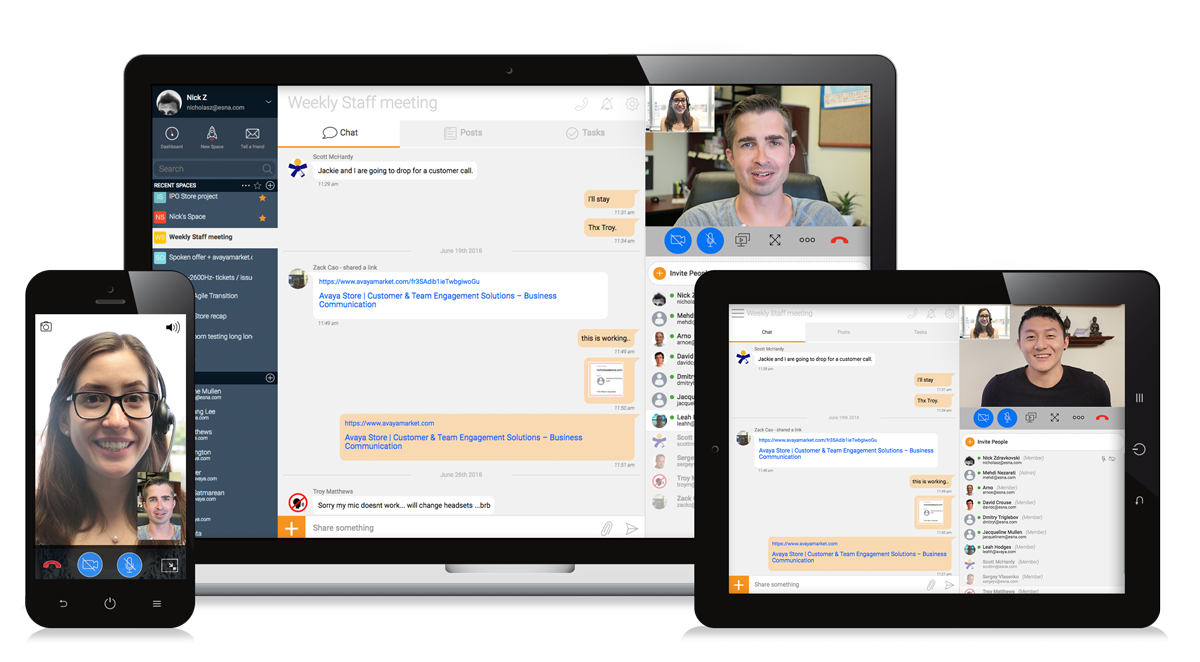 Avaya Spaces workstream collaboration solutions on a mobile phone, tablet and laptop