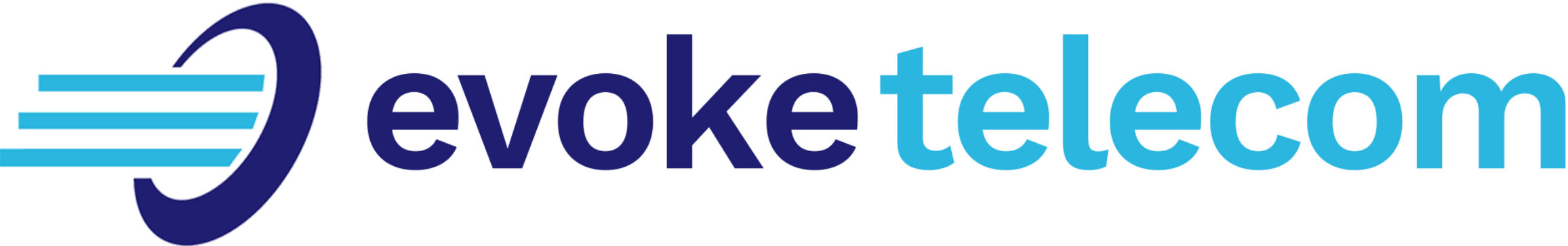 Dark purple evoke wording and light blue telecom wording with three dashes and a semi circle icon